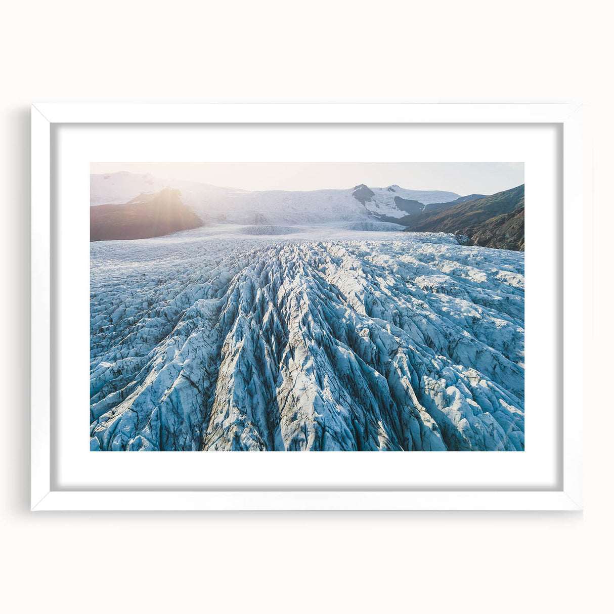 Framed wall art featuring a stunning glacier landscape design in a white mat, perfect for home decor or office settings. Ideal for nature enthusiasts and modern interiors.