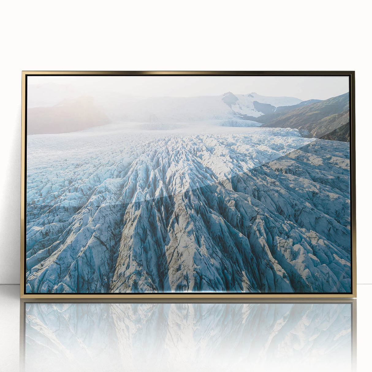Framed acrylic wall art featuring a stunning glacier landscape design with gold accents, showcasing vibrant blues and whites, ideal for modern home decor.
