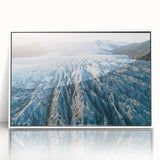 Framed acrylic wall art displaying a serene glacier landscape design with a white frame, ideal for modern home decor, showcasing cool blue and icy tones.