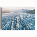 Stretched canvas wall art showcasing a stunning glacier landscape design in vivid blues and whites, perfect for adding a serene touch to any room.