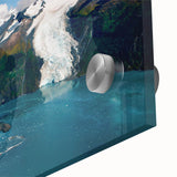 Close-up of a stunning glacier landscape wall art piece, featuring vibrant blues and whites, printed on acrylic glass for a sleek, modern decor accent. This artwork captures the serene beauty of icy terrains, perfect for enhancing contemporary living spaces.