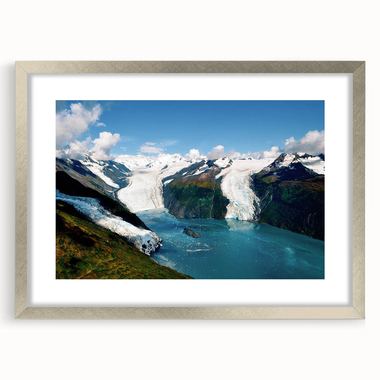 Framed wall art featuring a stunning glacier landscape design in silver frame with matting, perfect for enhancing modern home decor and adding a touch of nature.