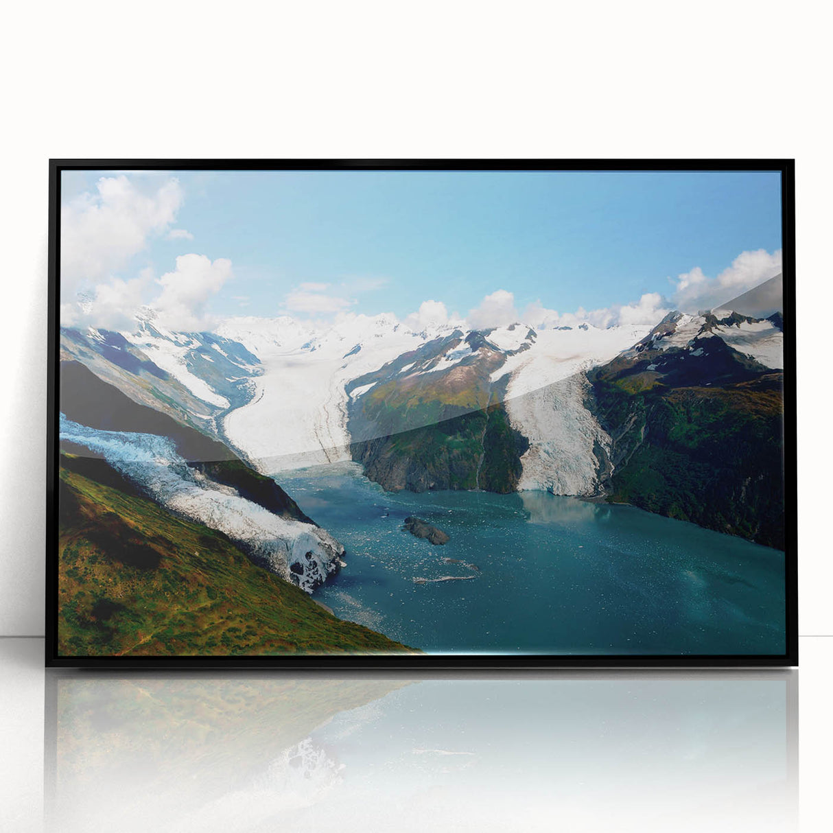 Framed acrylic wall art featuring a stunning glacier landscape design, with a sleek black frame, perfect for enhancing modern home decor. Ideal for nature lovers.