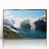 Framed acrylic wall art showcasing a stunning glacier landscape design, featuring vibrant blues and whites, perfect for modern home decor.