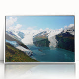 Framed acrylic wall art showcasing a stunning glacier landscape design, featuring vibrant blue and white hues, perfect for modern home decor.