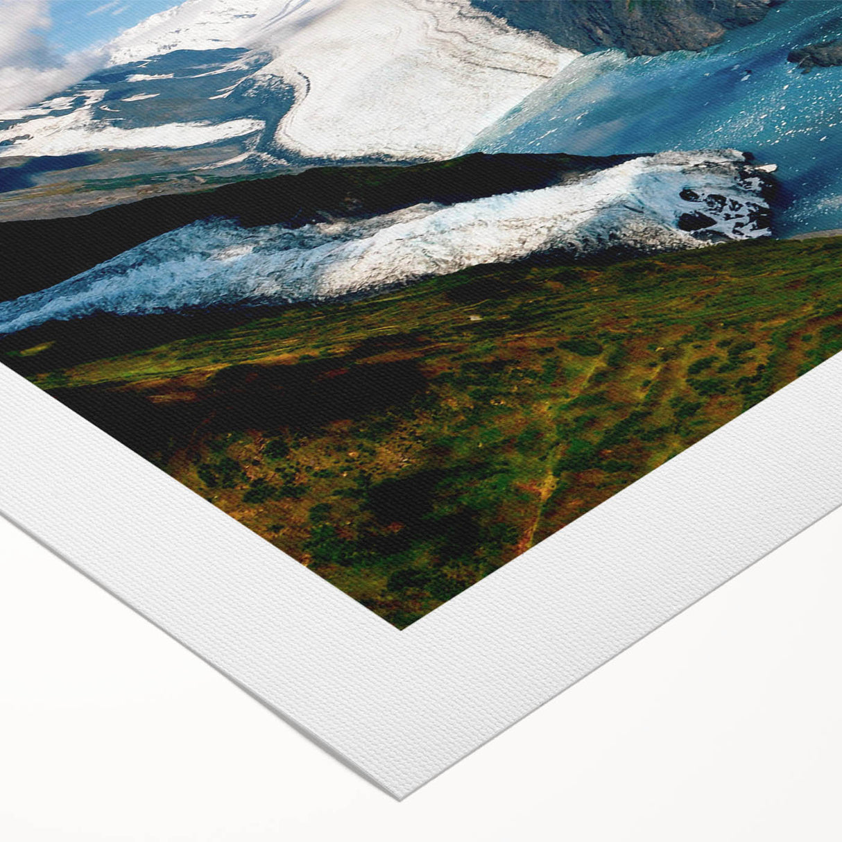 Glacier landscape wall art design on rolled canvas, showcasing icy blue hues and dramatic mountain scenery, perfect for home decor or art enthusiasts.