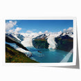 Stunning glacier landscape wall art print showcasing vibrant blues and whites, rolled for easy shipping and display, perfect for modern home decor.