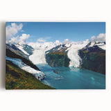 Stretched canvas wall art showcasing a stunning glacier landscape design in vibrant blues and whites, perfect for adding a touch of nature to modern home decor.