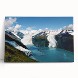 Stretched canvas wall art showcasing a stunning glacier landscape design, featuring icy blues and whites, perfect for modern home decor. Ideal for nature enthusiasts.