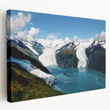 Stretched canvas wall art showcasing a stunning glacier landscape design, featuring vivid blue and white colors, perfect for enhancing any modern decor.