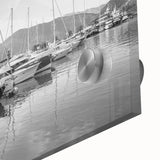 Vibrant close-up of a modern acrylic glass wall art piece showcasing a serene landscape harbor design, ideal for contemporary home decor enhancement.