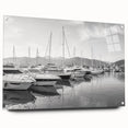 Acrylic-glass wall art collection showcasing a vibrant harbor landscape design, featuring a side view with pins for hanging. Perfect for nautical-themed decor.