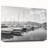 Acrylic-glass wall art collection showcasing a vibrant harbor landscape design, featuring a side view with pins for hanging. Perfect for nautical-themed decor.