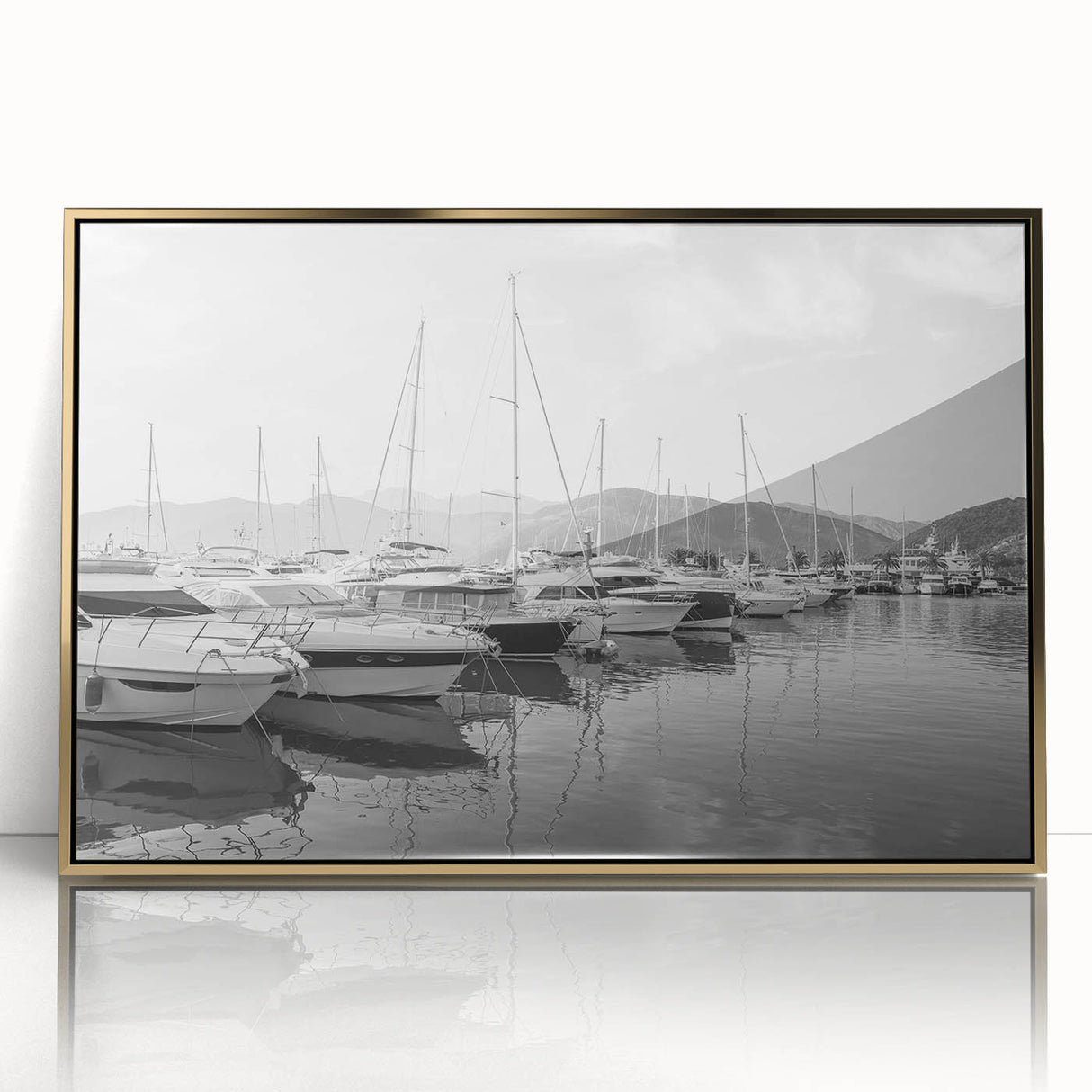 Framed acrylic wall art featuring a vibrant harbor landscape design with golden accents, perfect for enhancing home decor with a nautical theme.