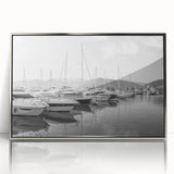 Framed acrylic wall art featuring a serene harbor landscape design, highlighted by silver accents. Perfect for modern home decor with a tranquil vibe.