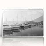 Framed acrylic wall art featuring a serene harbor landscape design with vibrant colors and a sleek white frame, perfect for enhancing modern home decor.