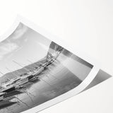 Rolled print of a serene harbor landscape featuring vibrant blues and greens, designed for wall art collection, showcasing peaceful water reflections and lush surroundings.