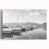 Stretched canvas artwork showcasing a serene harbor landscape, featuring vivid blues and greens, perfect for coastal-themed decor, enhancing any living space.