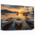 Acrylic glass wall art collection depicting a serene harbor landscape, showcasing vibrant colors and intricate details in a side view, enhanced with stylish wall pins.