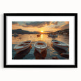 Framed wall art collection showcasing a serene harbor landscape design with a black frame and mat, ideal for enhancing home decor and creating a calming ambiance.