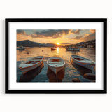 Framed wall art collection showcasing a serene harbor landscape design with a black frame and mat, ideal for enhancing home decor and creating a calming ambiance.
