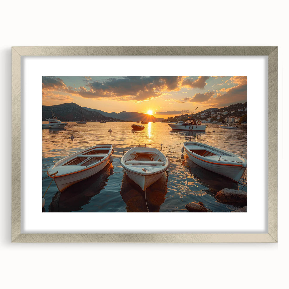 Framed silver mat wall art showcasing a serene harbor landscape, perfect for home decor, highlighting tranquil waters and vibrant colors, offering a calming atmosphere.