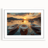 Framed wall art depicting a serene harbor landscape with vibrant colors, featuring a white mat and sleek frame, ideal for enhancing modern home decor.
