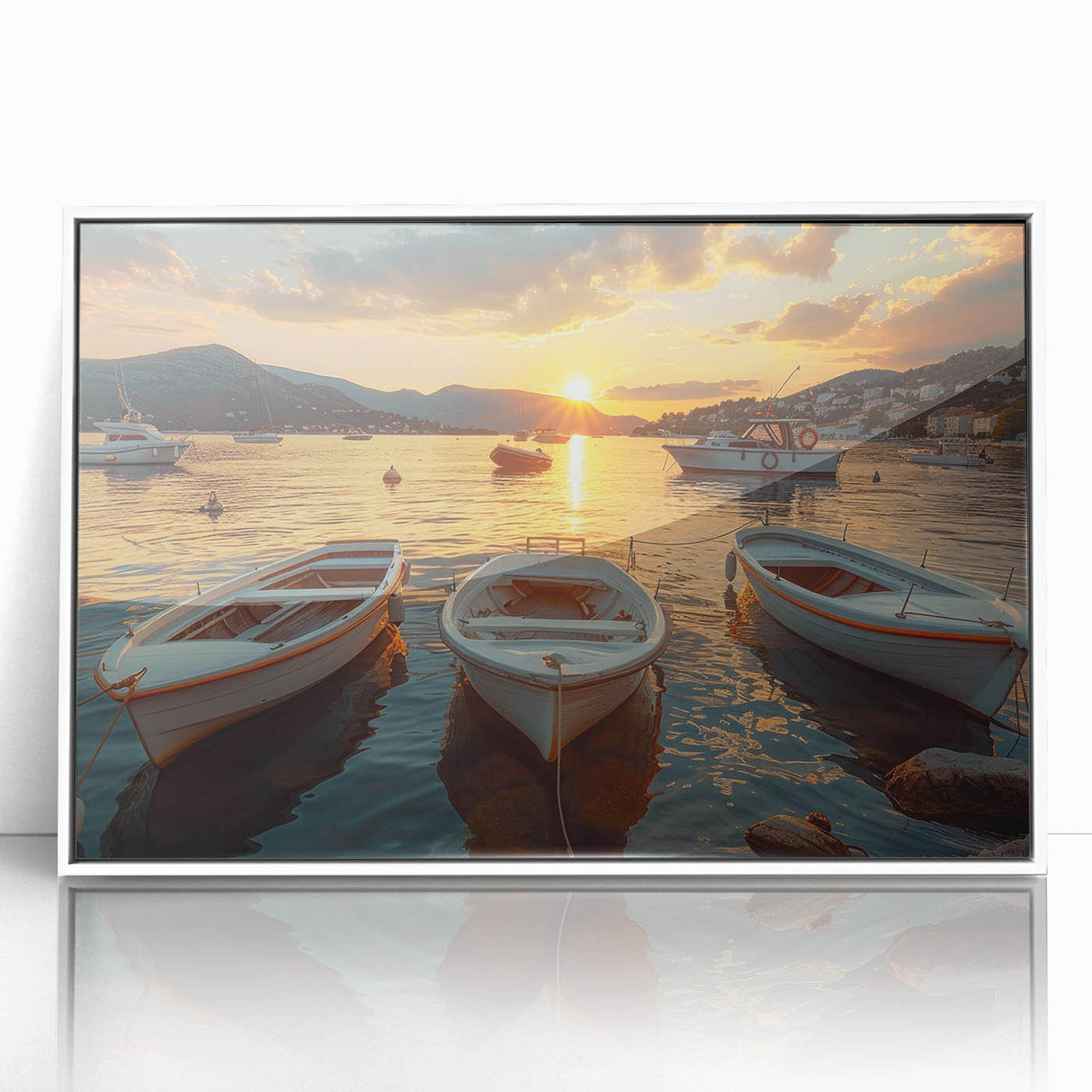 Framed acrylic wall art showcasing a serene harbor landscape design with vibrant colors, elegantly presented in a white frame, perfect for home decor enhancement.