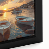 Framed canvas wall art featuring a serene harbor landscape design, showcasing soft blues and greens with intricate details in the water and sky, perfect for home decor.