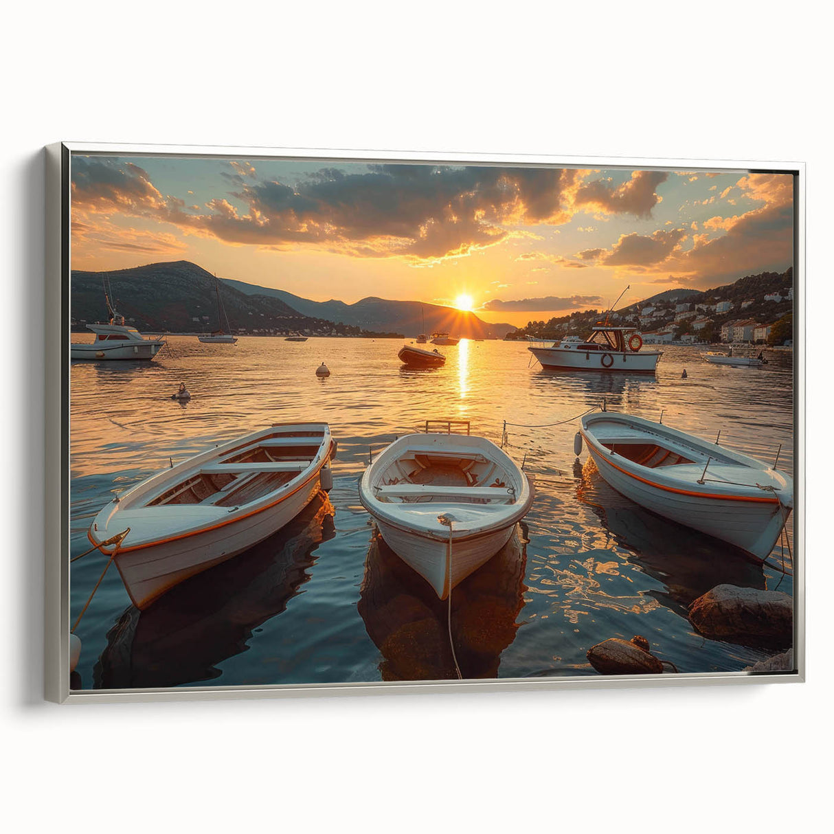 Framed canvas wall art showcasing a serene harbor landscape with silver accents, perfect for adding elegance to home decor, displayed from a side view.