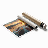 Rolled print of a serene harbor landscape showcasing gentle waves and pastel skies, ideal for home decor, presented in a protective cardboard tube.