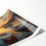 Rolled print of a serene harbor landscape design showcasing vibrant blues and soft pastels, perfect for home decor or office wall art. Ideal for coastal-themed interiors.