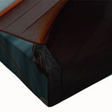 Close-up of a vibrant stretched canvas wall art piece depicting a serene harbor landscape, featuring rich blues and greens with intricate detailing, perfect for home decor.