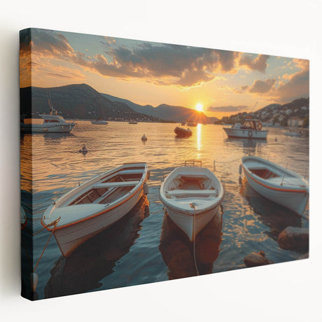 Stretched canvas wall art showcasing a serene harbor landscape design, featuring vibrant blues and greens with a textured finish, ideal for home decor.
