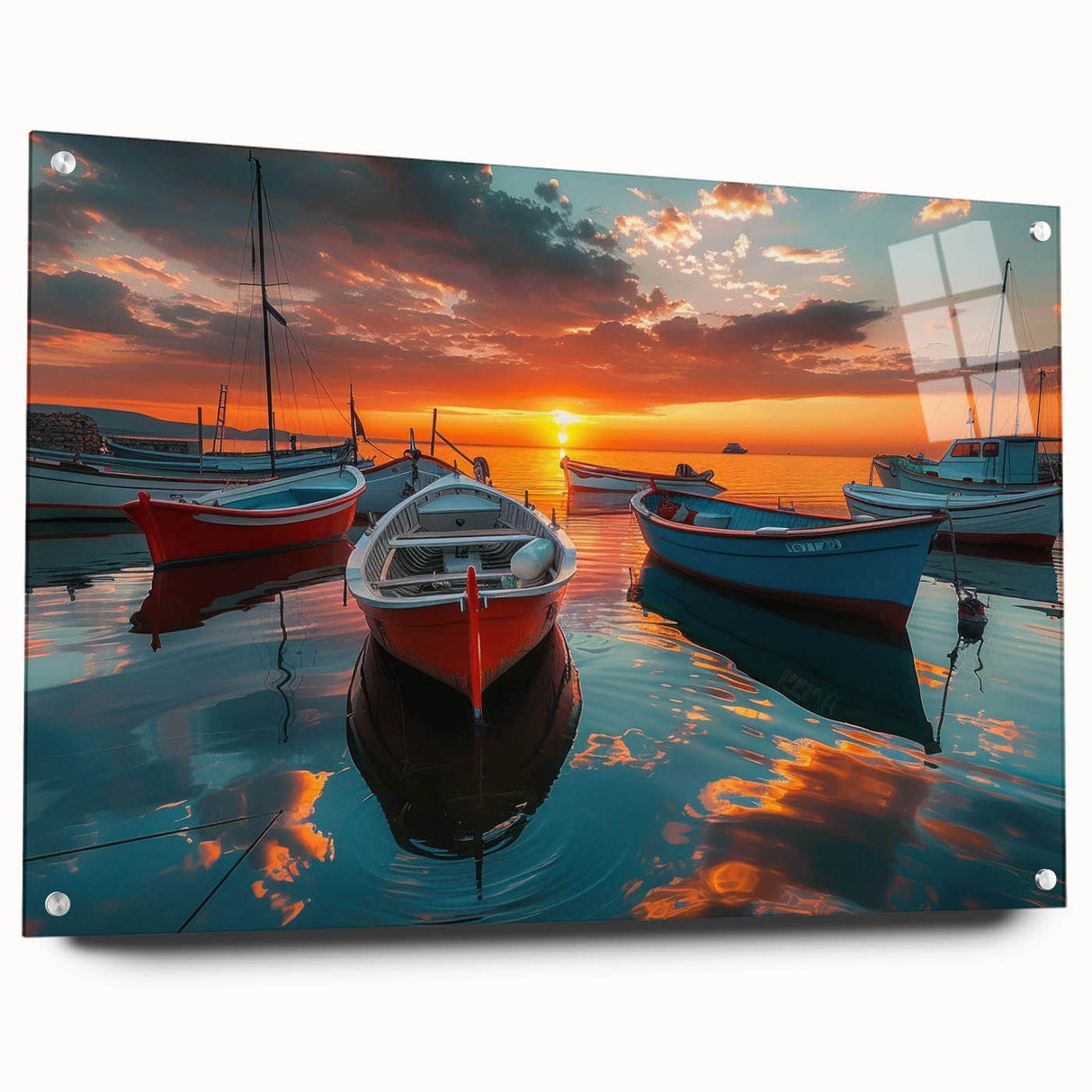 Acrylic glass wall art display featuring a vibrant harbor landscape design, showcasing rich colors and intricate details, mounted with stylish pins for a modern finish.