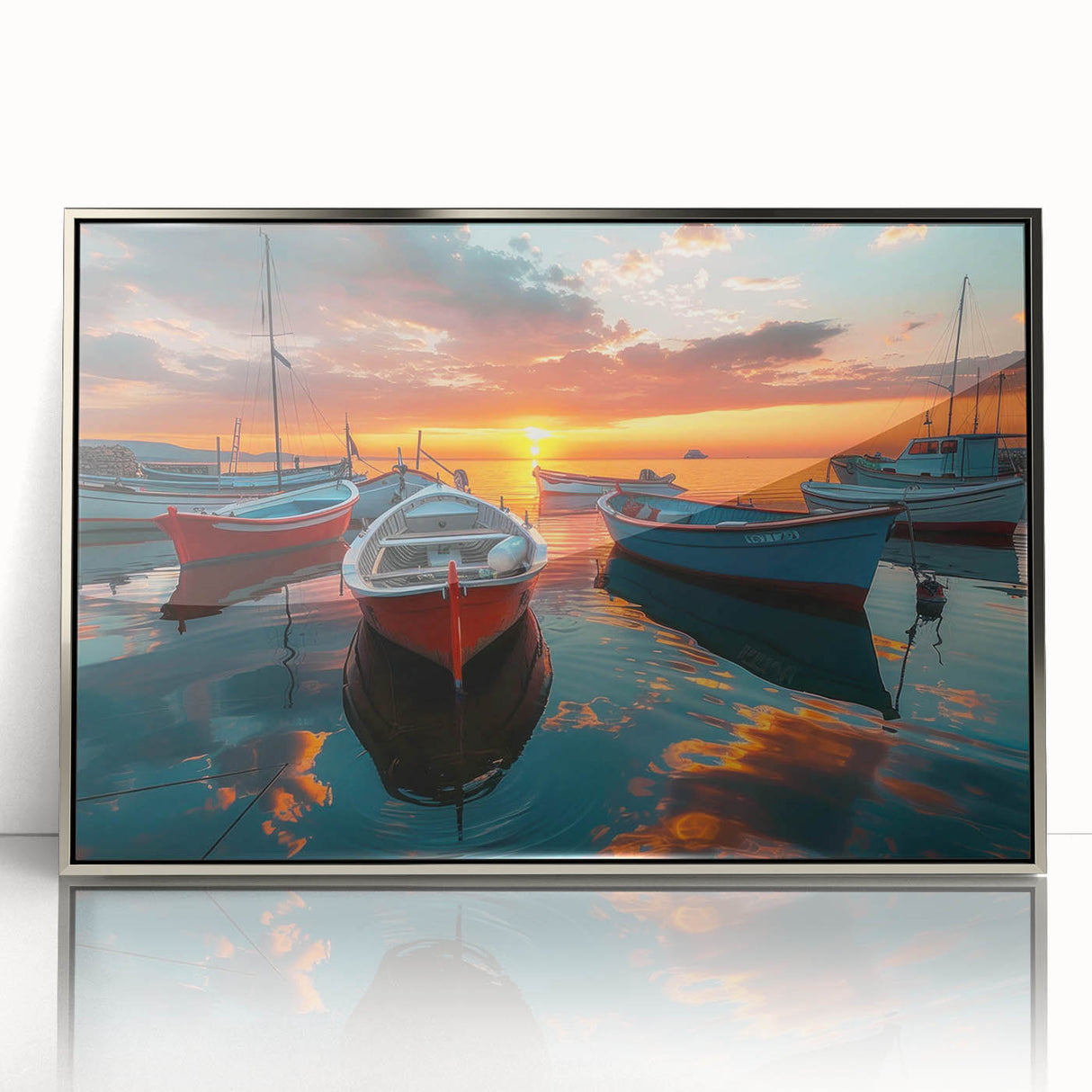 Framed acrylic wall art featuring a serene harbor landscape design, showcasing vibrant colors and intricate details, ideal for enhancing modern decor.