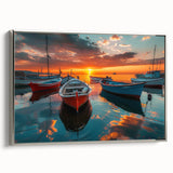 Framed canvas wall art collection showcasing a serene harbor landscape design, featuring a silver frame and vibrant colors, perfect for home decor enhancement.