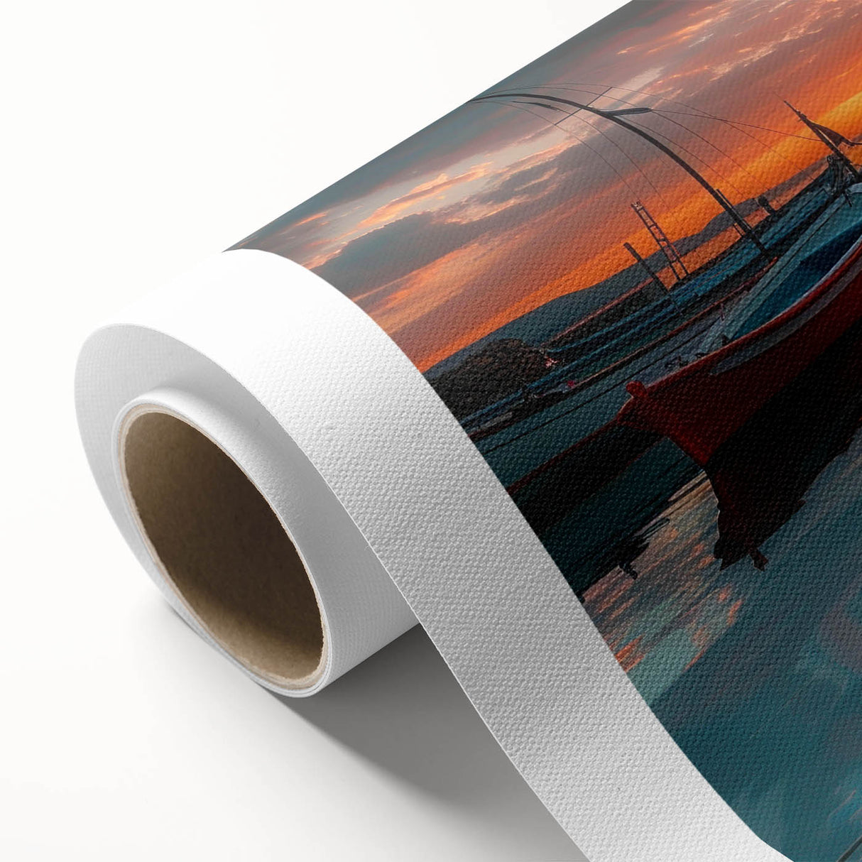 Rolled canvas wall art showcasing a serene harbor landscape design with vibrant blues and greens, ideal for enhancing home decor. Packaged securely for delivery.