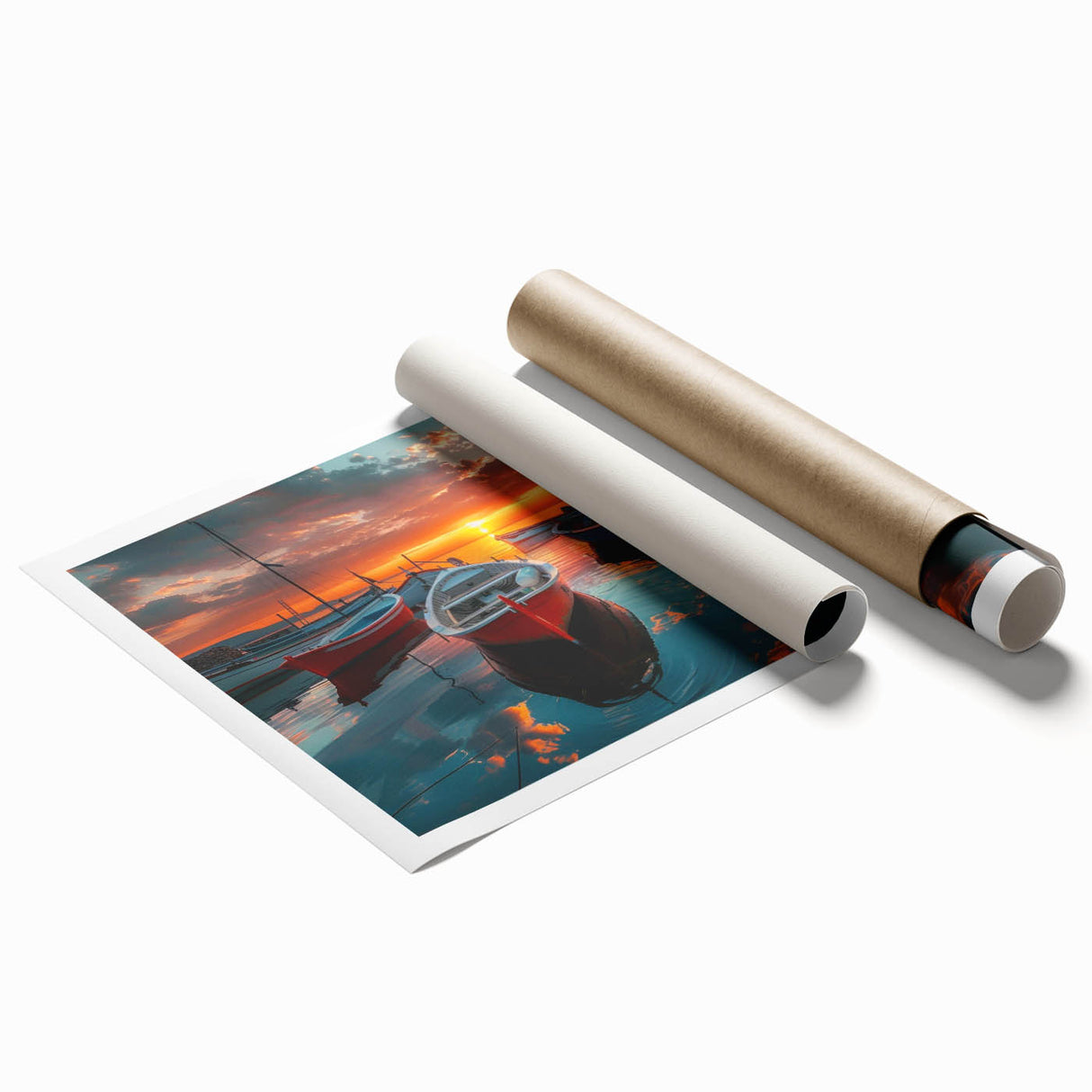 Stunning rolled print of a serene harbor landscape, featuring soft blue and green hues, ideal for enhancing home decor with a tranquil ambiance. Perfect for art lovers seeking coastal themes.
