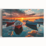 Stretched canvas wall art showcasing a serene harbor landscape with vibrant colors, ideal for home decor, enhancing ambiance in living spaces or offices.