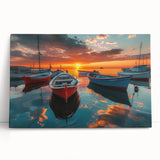 Stretched canvas wall art showcasing a serene harbor landscape with vivid colors, perfect for home decor, leaning against a neutral wall. Ideal for coastal-themed interiors.