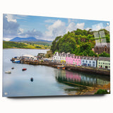 Acrylic glass wall art collection showcasing a serene harbor landscape design, side view with pins, perfect for modern home decor. Ideal for nautical-themed interiors.