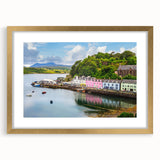 Golden-framed wall art showcasing a serene harbor landscape with vibrant colors, adding elegance to home decor, ideal for art enthusiasts and collectors.