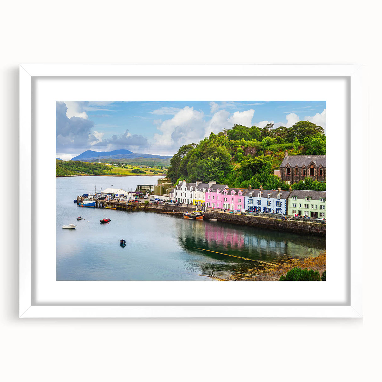 Framed landscape wall art featuring a serene harbor design, set in a white mat, showcasing calming blues and greens for a tranquil home decor accent.