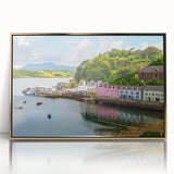 Framed acrylic wall art showcasing a serene harbor landscape design with gold accents, perfect for enhancing modern home decor and creating a calming atmosphere.