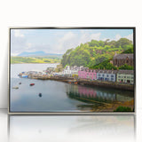 Framed acrylic wall art displaying a serene harbor landscape design with silver accents, perfect for modern home decor, showcasing vibrant colors and fine details.