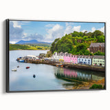 Framed canvas wall art showcasing a serene harbor landscape design with a black frame, highlighting tranquil colors and intricate details, perfect for home decor.