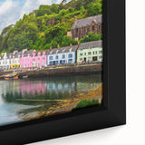 Framed canvas wall art showcasing a serene harbor landscape with vibrant colors and intricate details, perfect for home decor and enhancing interior spaces.