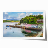 Rolled print showcasing a vibrant harbor landscape design with serene blue waters and colorful boats, perfect for home décor. Available for easy framing.