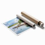 Rolled print of a serene landscape harbor design featuring soft pastel hues and gentle waves, ideal for home decor, packaged securely in a protective tube.